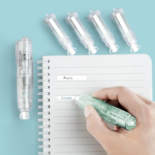 White Retractable Correction Tapes, 2 Cute Pre-Loaded Correctors with 4 Refills, Pull-Out Pen-Shaped Applicator, Anti-Break Tape for Office Supplies (Transparent, Green)