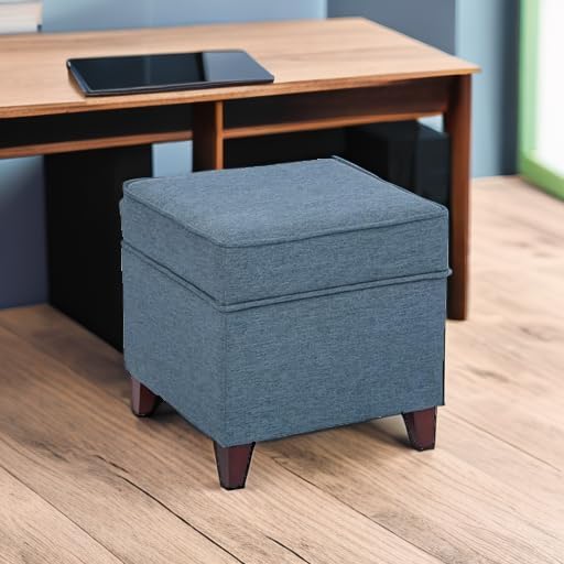 Adeco 17" Square Ottoman with Storage, Small Blue Storage Ottoman Foot Rest with Hinged Lid & Solid Wood Legs, Linen Fabric Foot Stool for Living Room & Bedroom