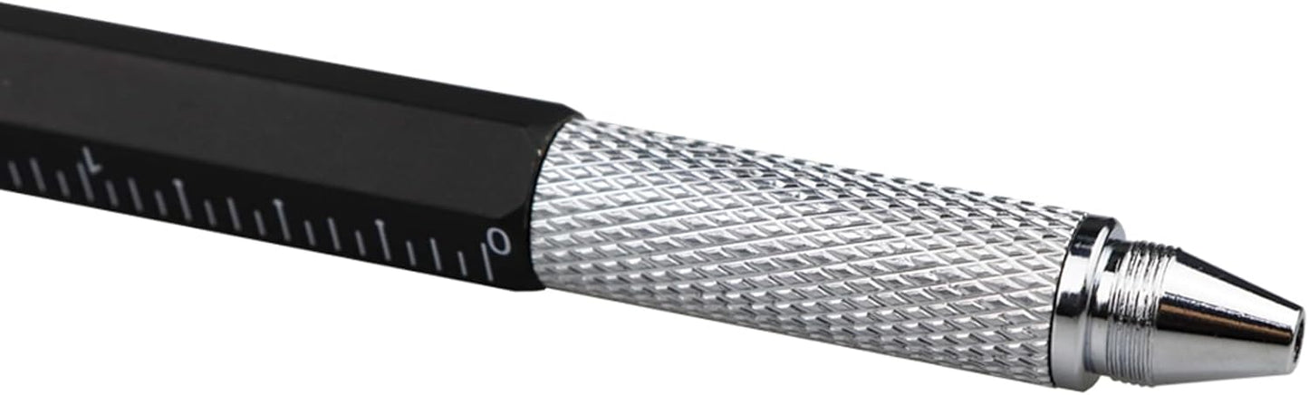 DUNBONG Metal Multi tool Pen 6-in-1 Stylus Pen - With Screwdriver, Ballpoint Pen Black ink, Stylus pen, Level and Ruler, 1-Count (Black)