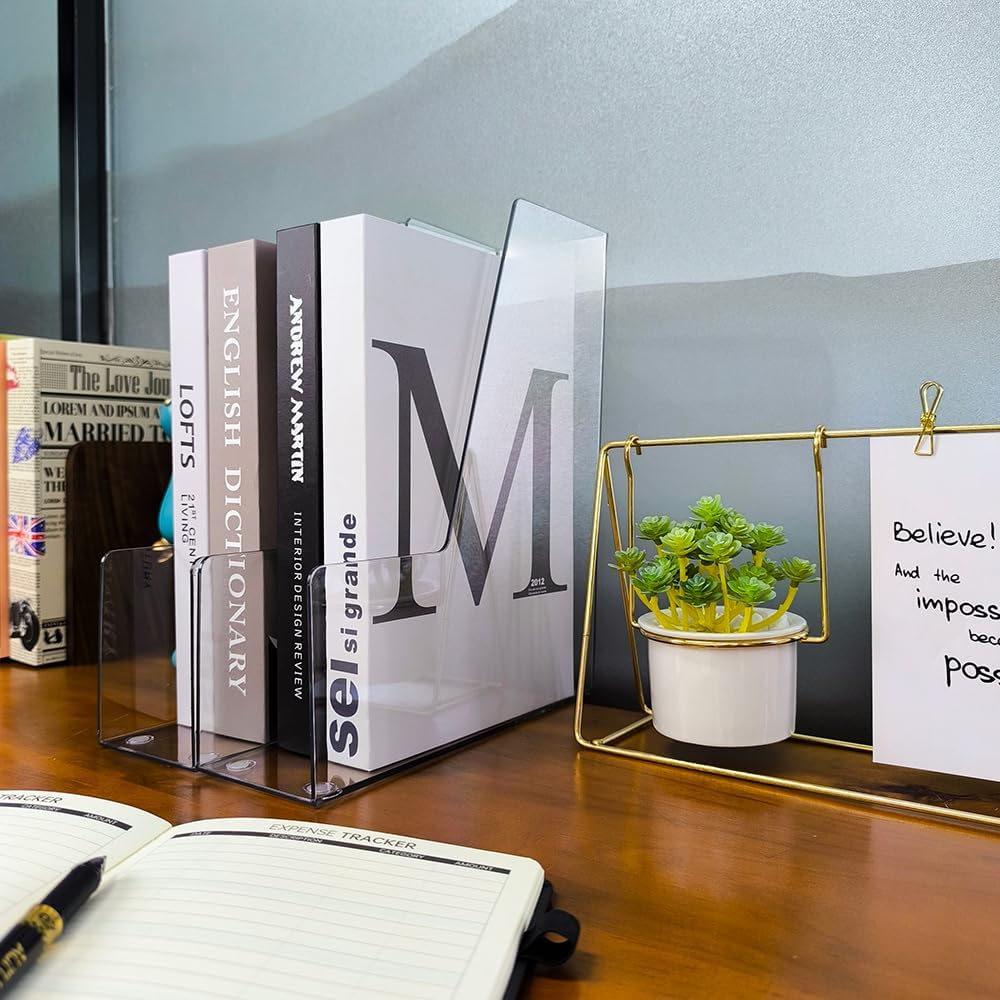 Vertical File Holder, 2 Pack Plastic Document Organizer and Clear Magazine Holder, Multi-purpose for Home Office (Clear)