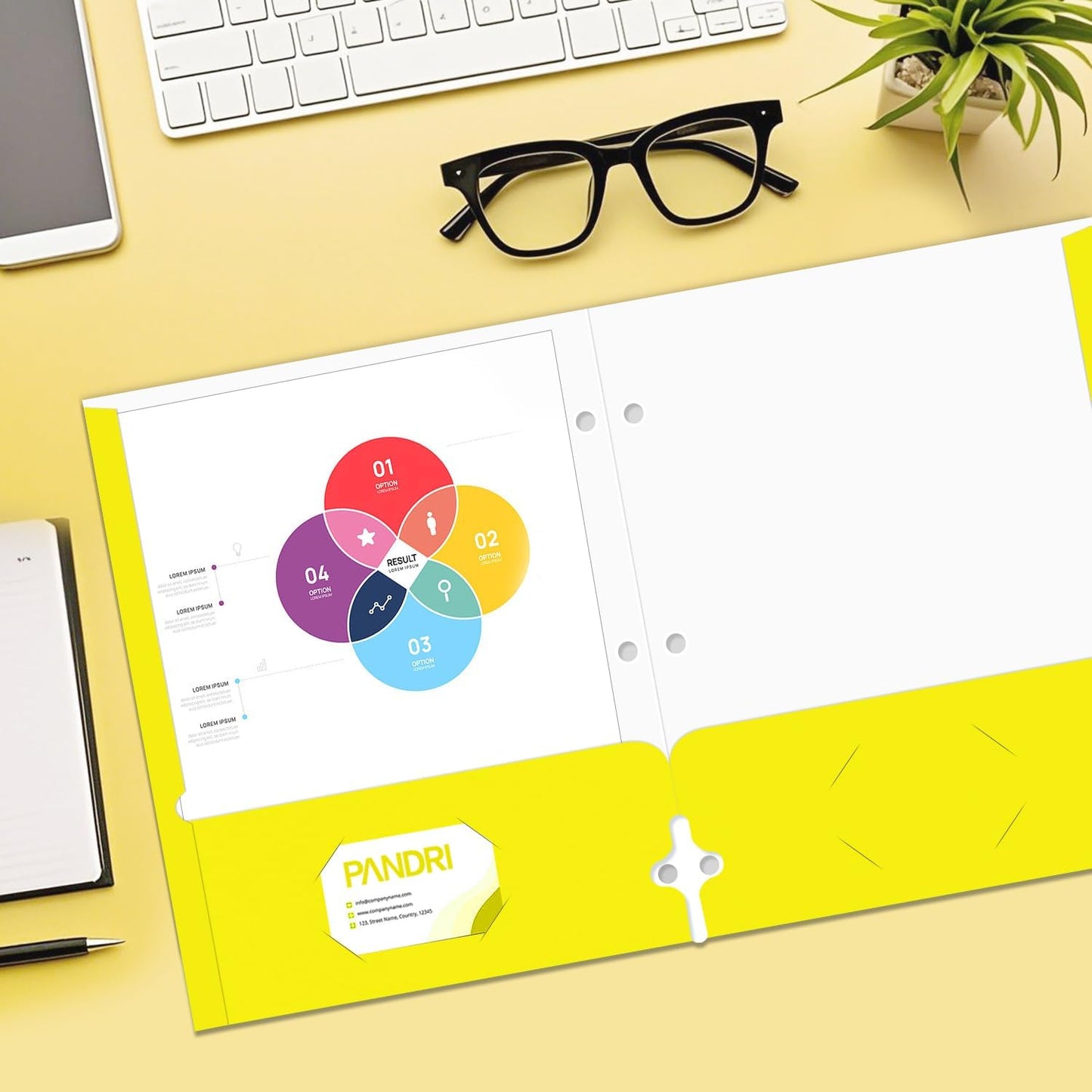 Two Pocket Portfolio Folders, PANDRI 60 Pack 3 Hole Punched 2 Pocket Folders for 3 Ring Binder, Letter Size Paper File Folder for School Office Home Business, Yellow