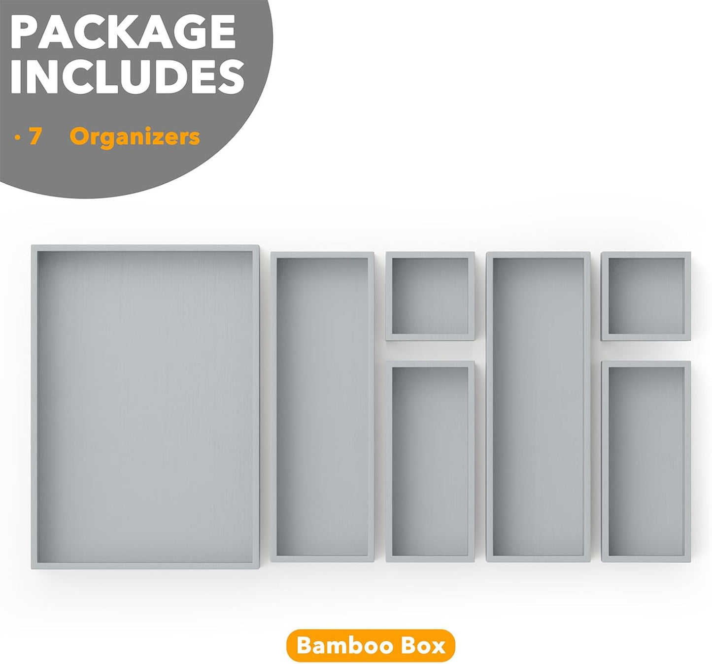 SpaceAid 7-Piece Bamboo Drawer Organizer Storage Boxes Set, Wood Tray Junk Drawer Organizers Multi-Use Divider Bins for Kitchen, Bathroom, Office Desk and Makeup Organization (7 Pack, Gray)