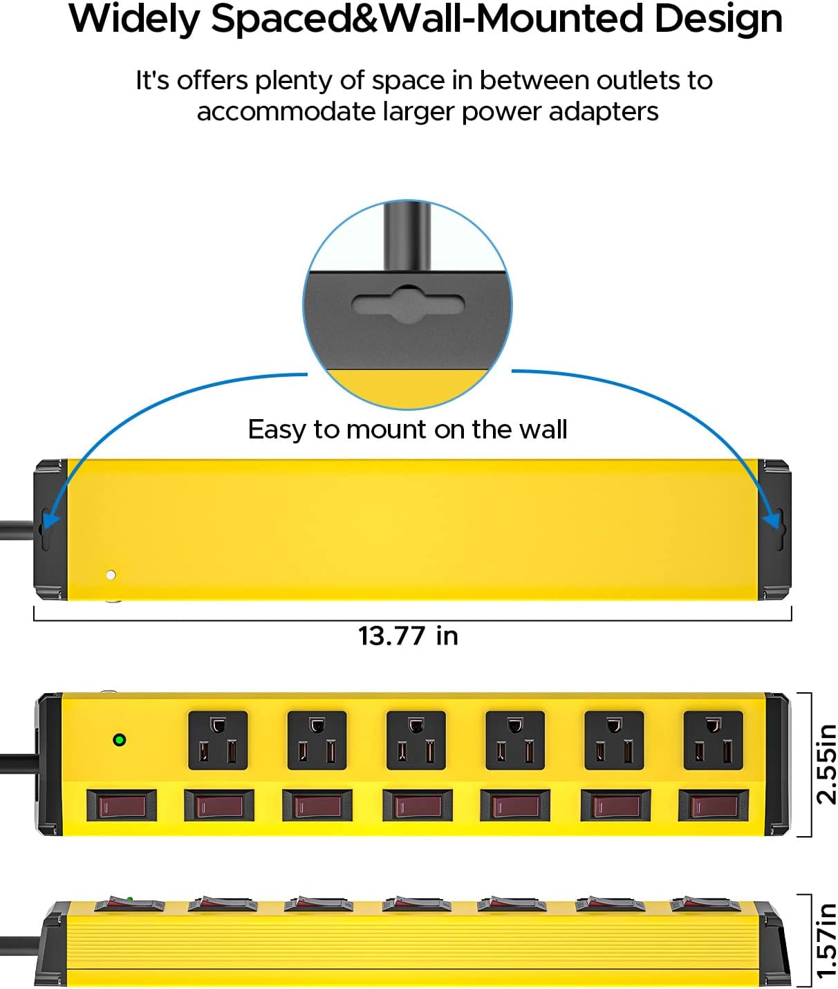 CRST 6-Outlet Heavy Duty Metal Power Strip with Individual Switches, 15AMP/1875W Surge Protector Power Strip(1200 Joules) for Home Garage Office Kitchen School, 6FT 14AWG Cord (Yellow)