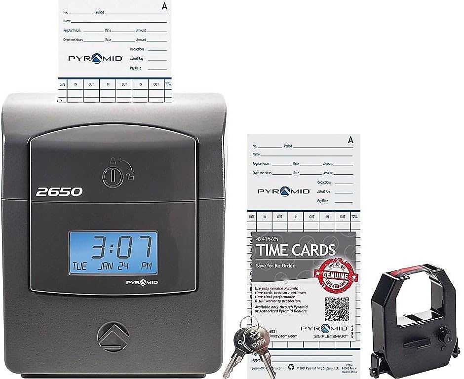 Pyramid Time Systems - Pyramid Technologies 2650 Pro Auto Aligning Time Clock, Bundle Includes: 25 Time Cards, Ribbon and 2 Security Keys - Charcoal (5 "h x 7.25 "w x 8.5" d)