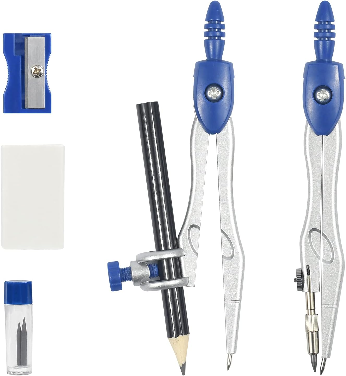 Math Geometry Kit Sets 10 Piece Student Supplies with Shatterproof Storage Box,Includes Rulers,Protractor,Compass,Eraser,Pencil Sharpener,Lead Refills,Pencil,for Drafting and Drawings(Navy blue)