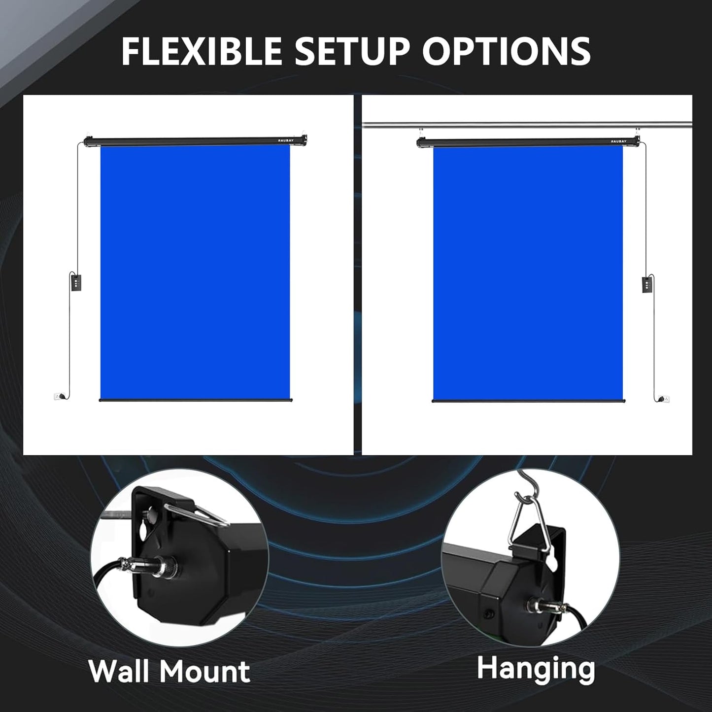 RAUBAY Motorized Pull Down Blue Screen - 59.8" x 86.6" Collapsible Wall-Mount Background for Professional Video Production, Chroma Key Backdrop for YouTube, TikTok, Streaming, Video Conferencing