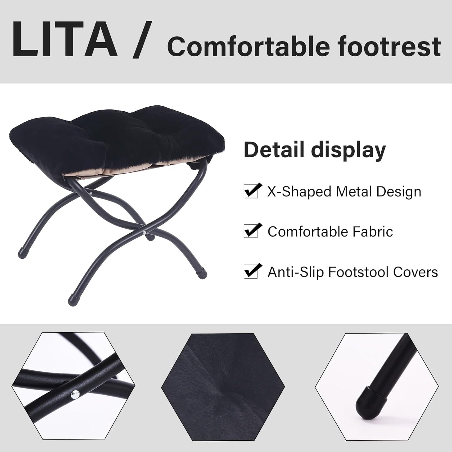 LITA Folding Upholstered Footrest Stool, Modern Small Portable Accent Ottoman with Detachable Thick Cotton Cushion Padded Sofa Stool with Metal Frame for Lazy Chair, Living Room & Bedroom, Plush Black