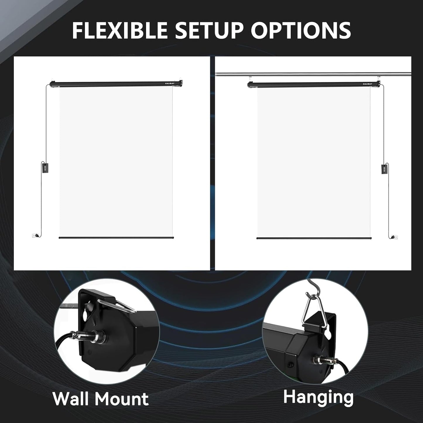 RAUBAY Motorized Pull Down White Screen Backdrop - 59.8" x 86.6" Collapsible Wall-Mount Background for Professional Video Production, Photography Studio, Video Conferencing and YouTube, TikTok Creator