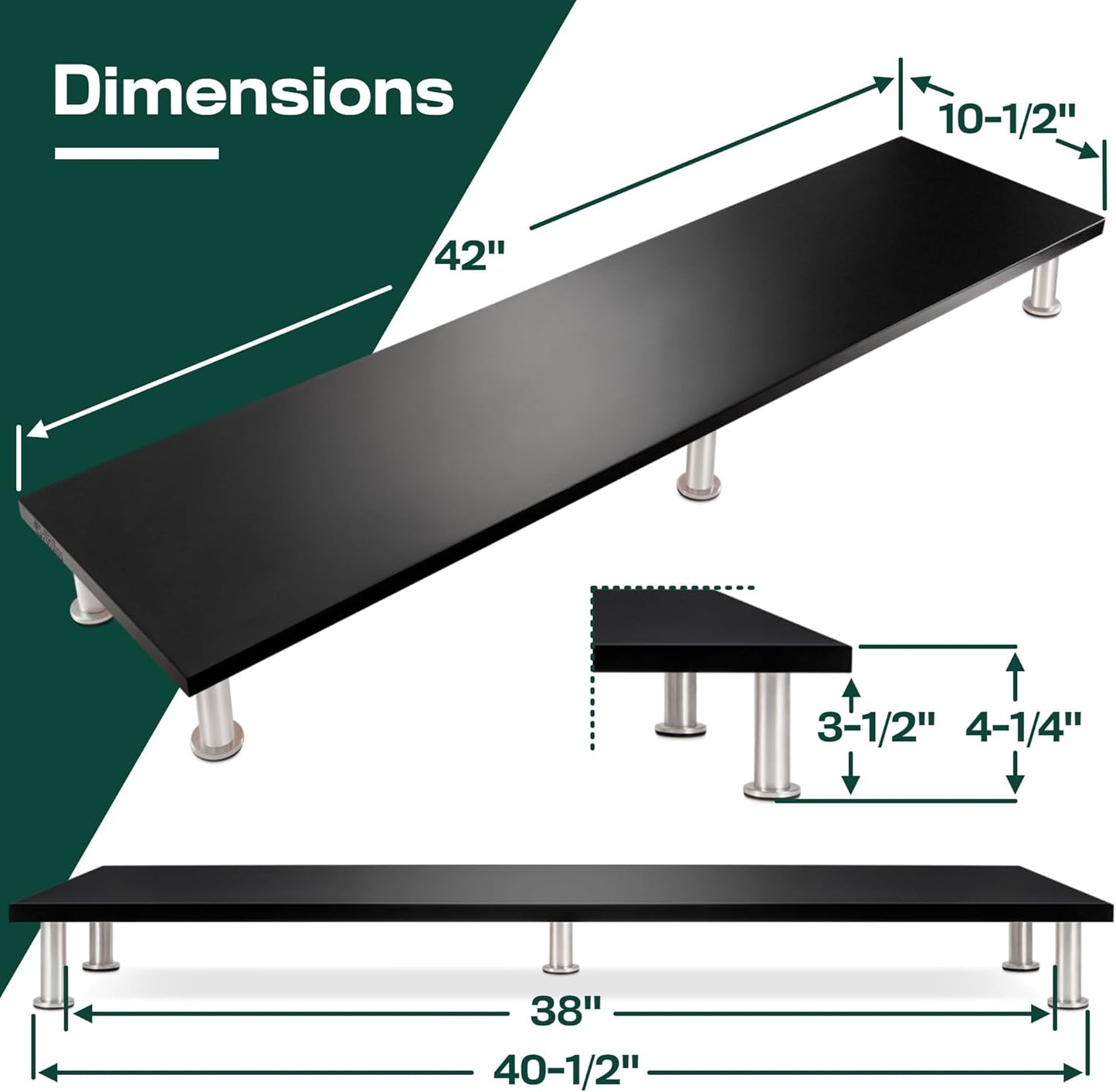The Original Bamboo Dual Monitor Stand (As Seen On PBS) - 42 Inch Large Monitor Riser for Computer Screens, Laptop or TV - Desk Shelf Adds Storage Space and Improves Ergonomics - Black