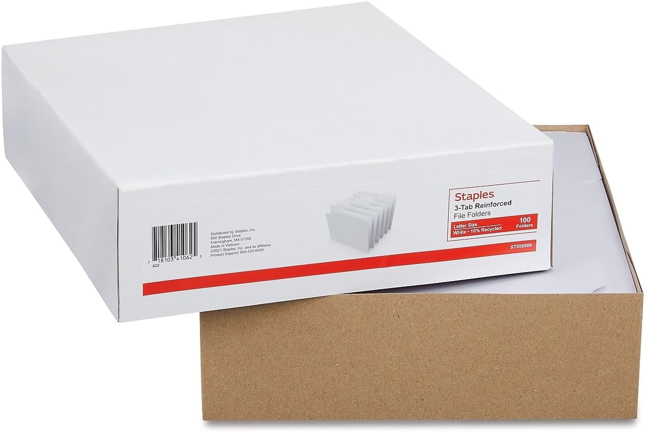 Staples File Folders, Reinforced Tabs, Letter Size, White 100/Box (508986)