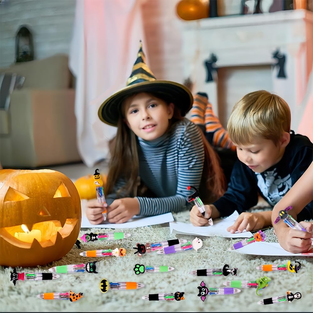 24PCS Halloween Multicolor Ballpoint Pens 4 Colors in 1 Retractable 0.7mm Cartoon Cute Fun Pens for Kids Ghost Pumpkin Writing tationery for Holiday Party School Supplies Students Rewards