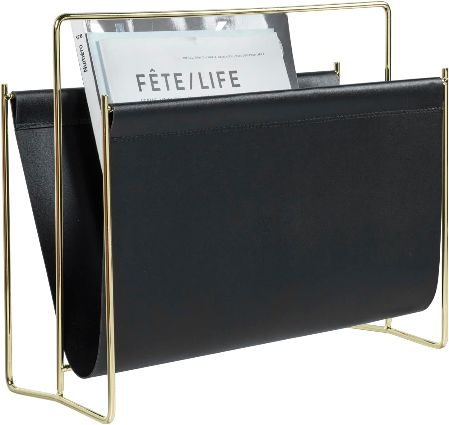 MyGift 15-Inch Modern Black Leatherette & Brass Plated Metal Magazine Holder – Floor Standing Faux Leather Sling Style Newspaper Rack for Home, Bathroom, Office Decor