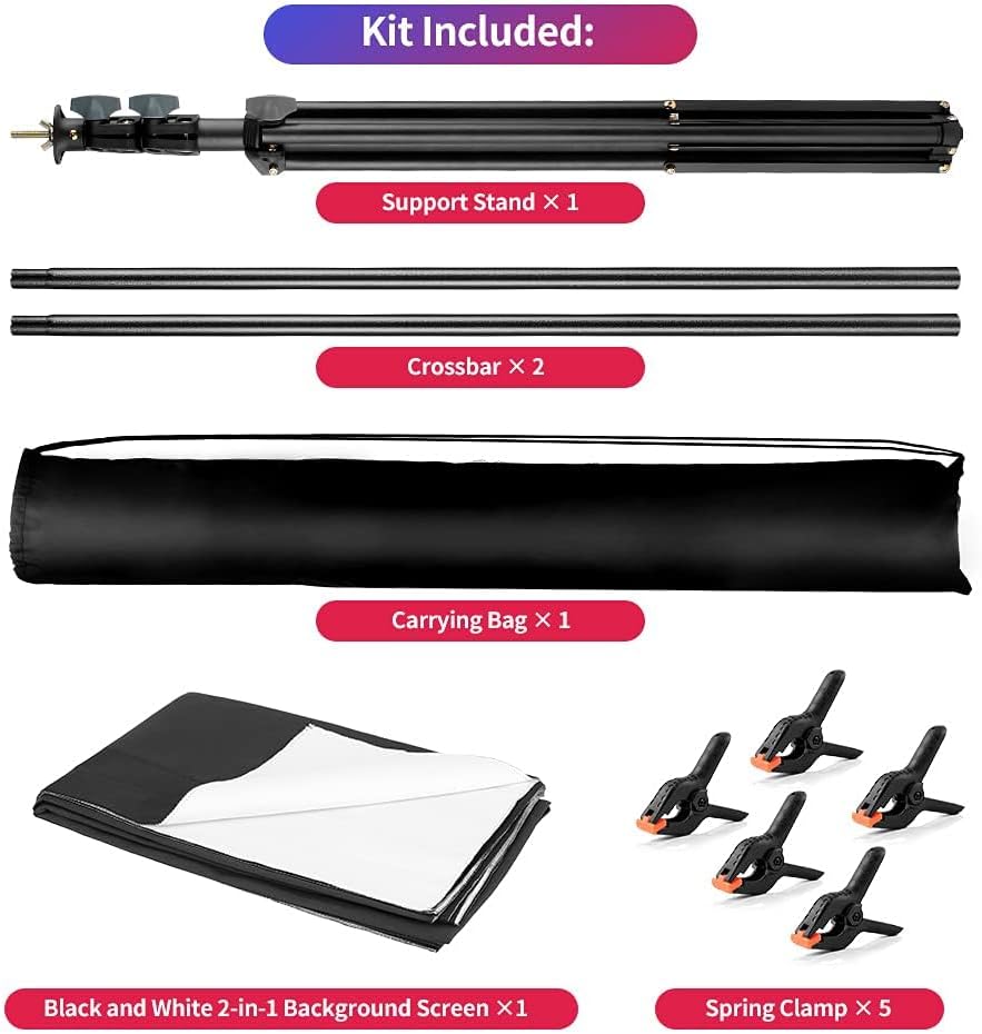 Black White Backdrop Screen with Stand Kit 5x6.5ft for Photo Video Studio, 2-in-1 Revisible Black Backdrop White Screen with T-Shaped Photography Background Support Stand and 5 Clamps