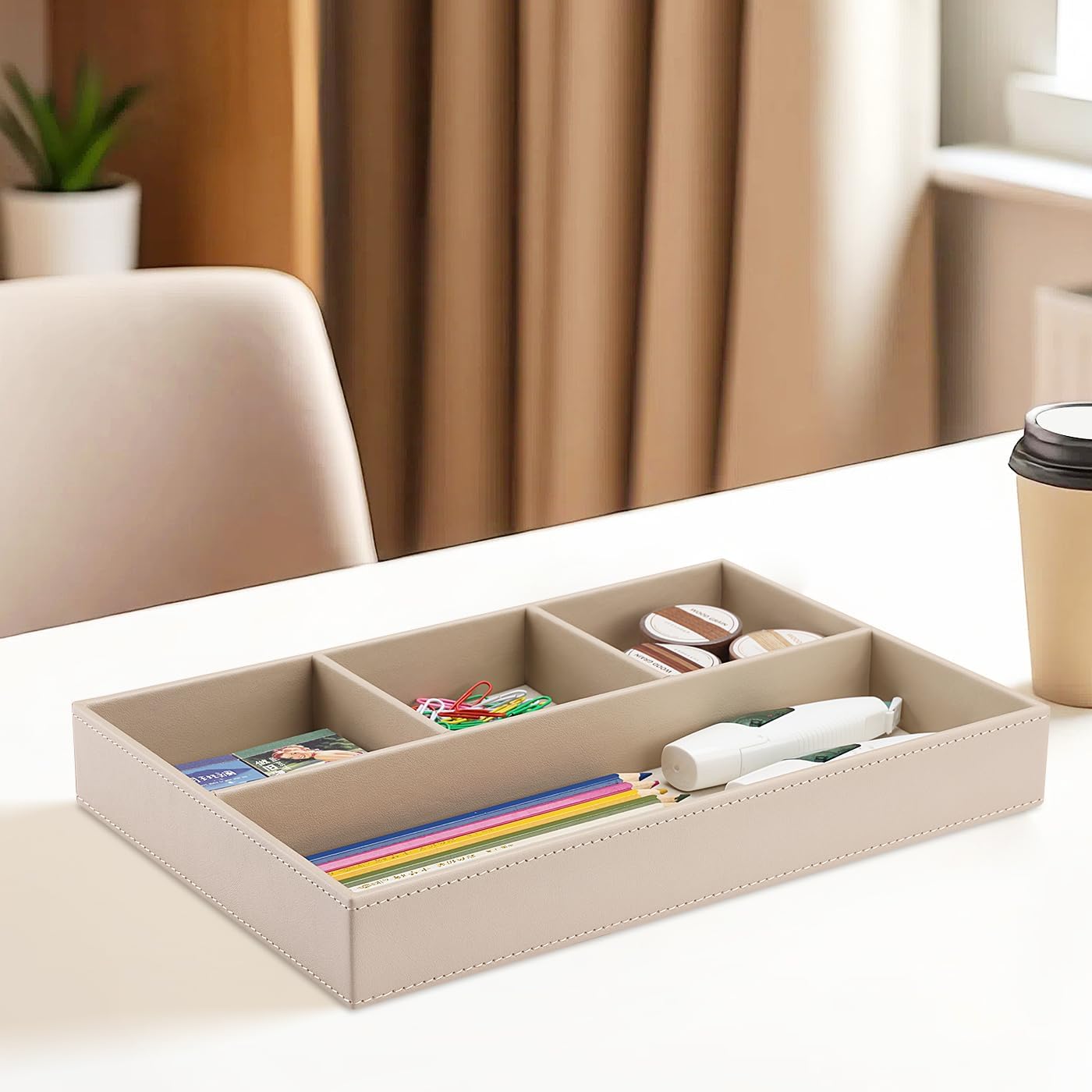 KINGFOM 4-Slot Leather Drawer Tray Desk Stationery Sundries Organizer Storage Box Pen Pencil Holder Case Container (Dark Beige)