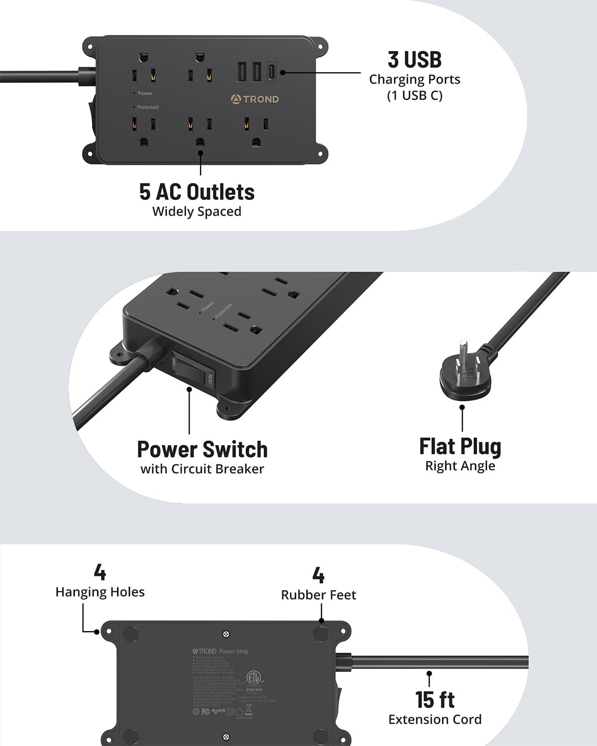 TROND Surge Protector Power Strip, 15ft Long Extension Cord, ETL Listed, 5 Widely Spaced AC Outlets, 2 USB A and 1 USB C, 1300J, Low-Profile Flat Plug, Wall Mountable, for Kitchen Office, Black