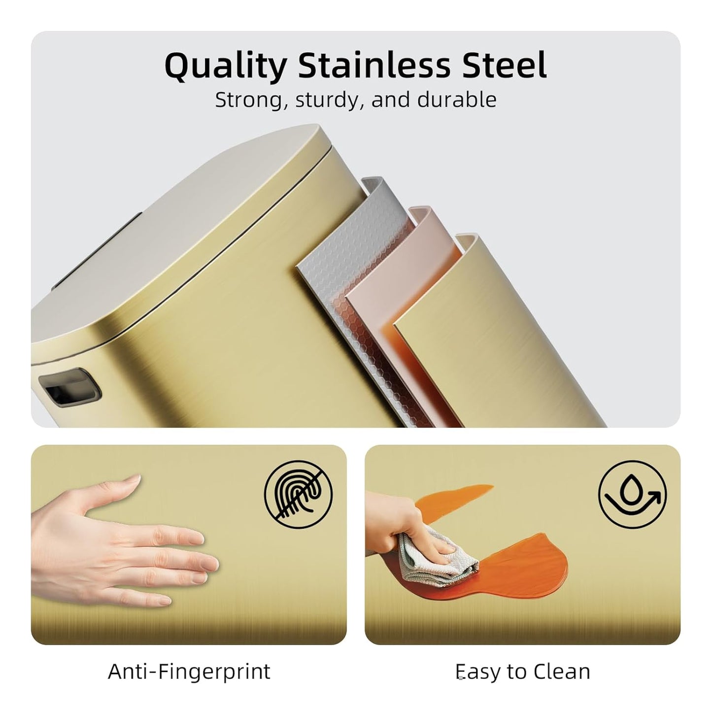 KUK 13 Gallon/50L Stainless Steel Kitchen Trash Can with Lid and Step Pedal-Large Capacity Garbage Bin with Odor Seal, Silent Close Lid, Removable Inner Bucket, Titanium Gold