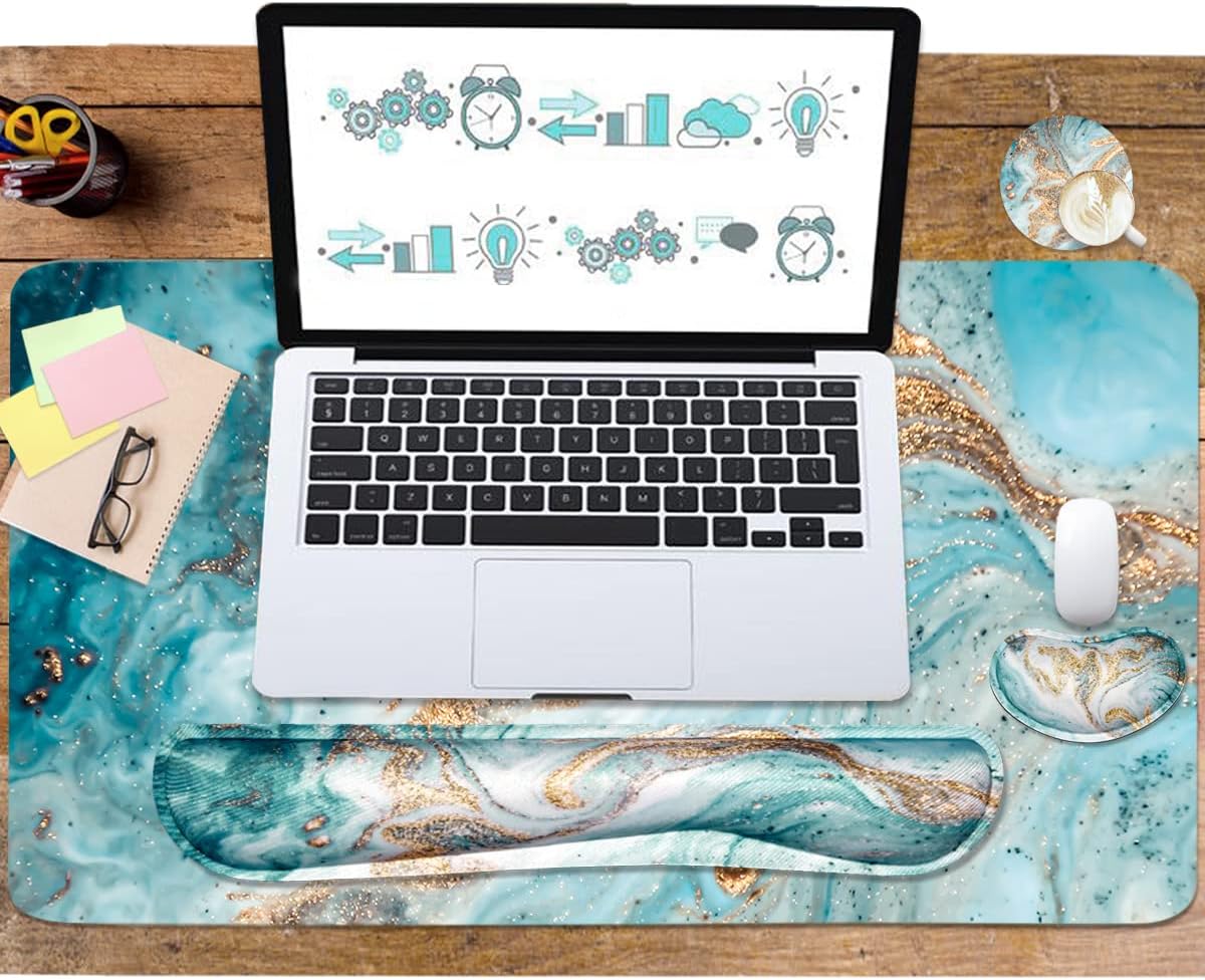 Keyboard Mouse Pad Set, Extended Mouse Pad+Keyboard Wrist Rest Support, Memory Foam Ergonomic Easy Typing, 3Pcs (35.4×15.7 in) Desk Pad Set for Home Office Study Game-Green Marble