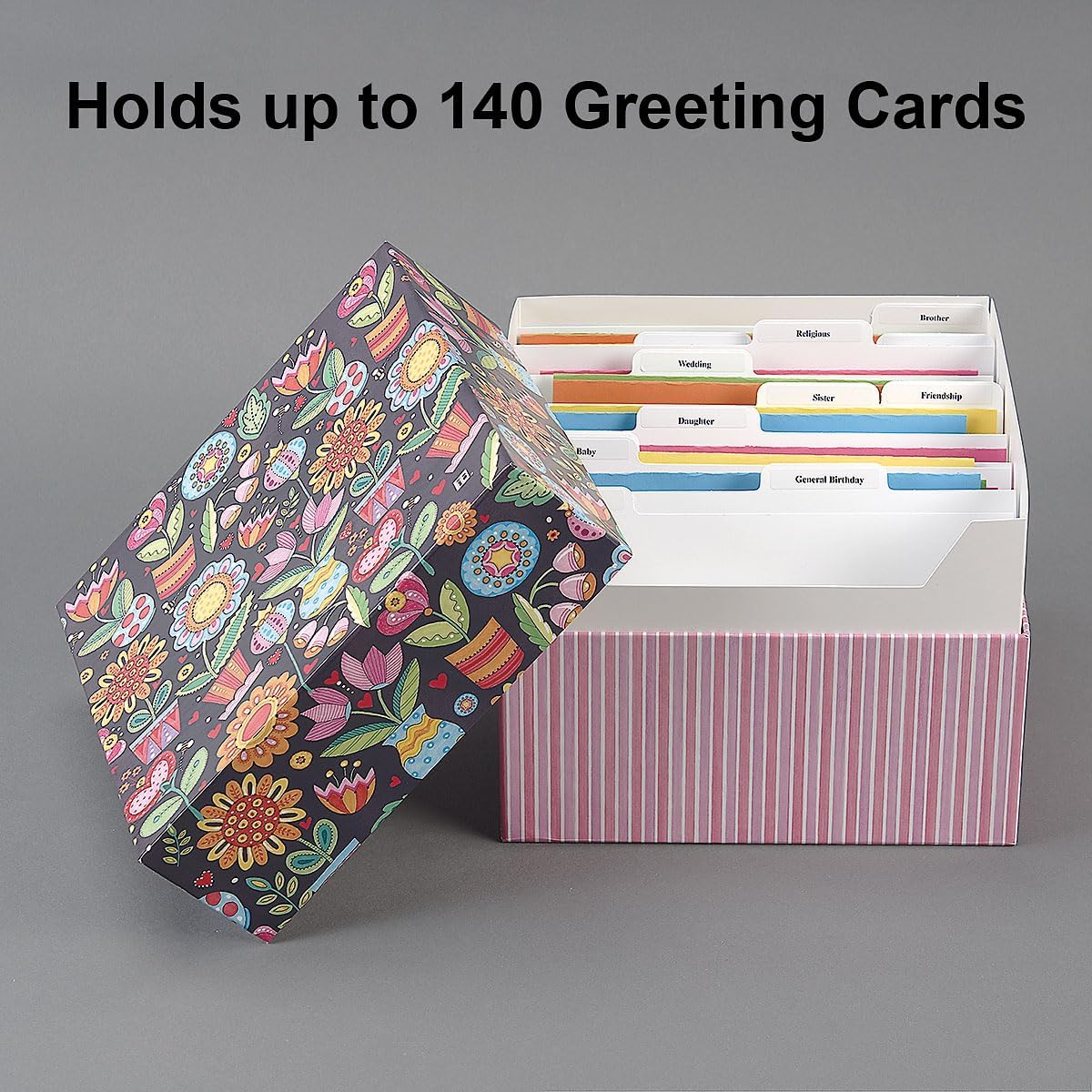 Mary Engelbreit Card Greeting Organizer Box - Stores 140+ cards (not included). 7" x 9" x 9-1/2", Occasion & Recipient Dividers & Labels, Birthday, Get Well, Sympathy etc.