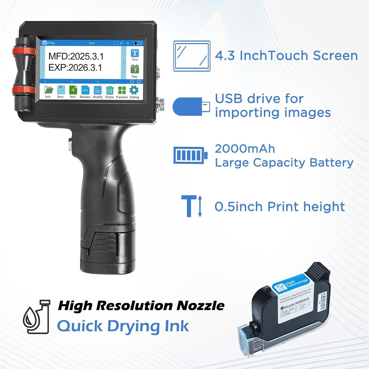Handheld Inkjet Printer with 42ml Quick-Drying Ink Cartridge, Portable Ink Jet Coding Machine for Text/Date/Batch Number/QR Code/Barcode/Logo, Print Height from 0.08 to 0.5 Inch (ZM-C800)