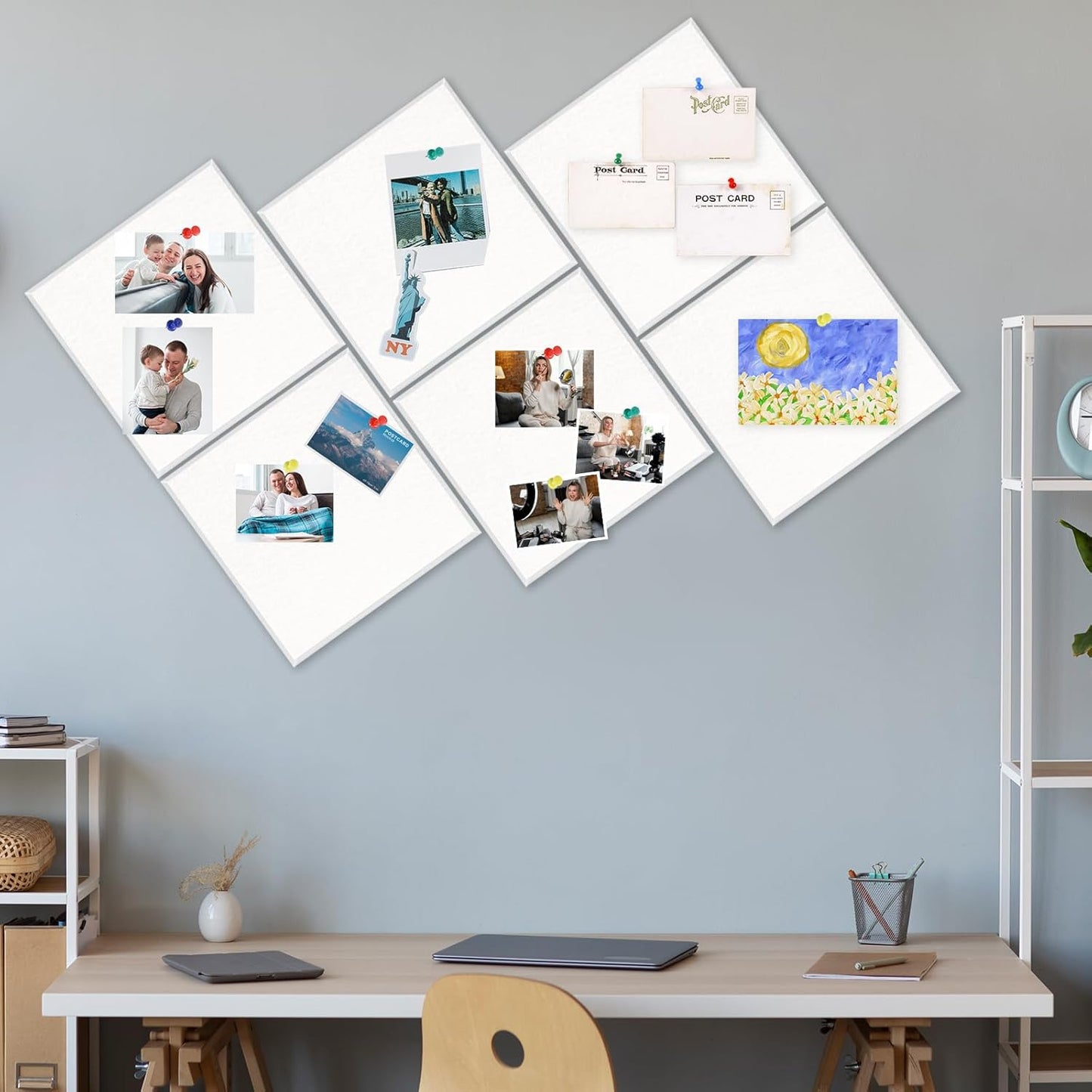 Large Cork Board 36" x 24", 6 Pack Felt Wall Tiles with Colored Pushpins, Bulletin Board with Removable Self-Adhesive Strips, Pin Boards Cork Boards for Walls Office Home School-White