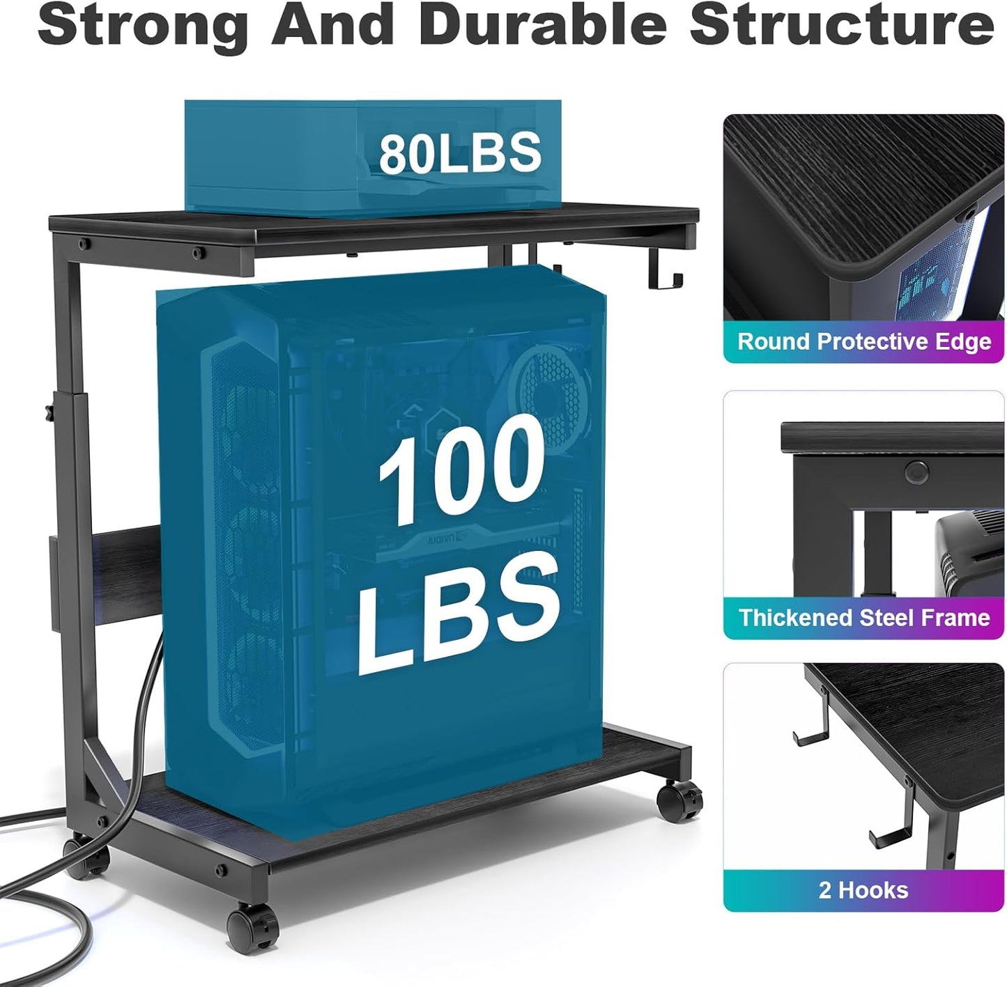 Height Adjustable Computer Tower Stand with Charge Station and USB Charging Port, 2-Tier ATX-Case Cart, Under Desk Mobile PC Stand, CPU Holder Cart with Locking Caster Wheels for Fits Most PC