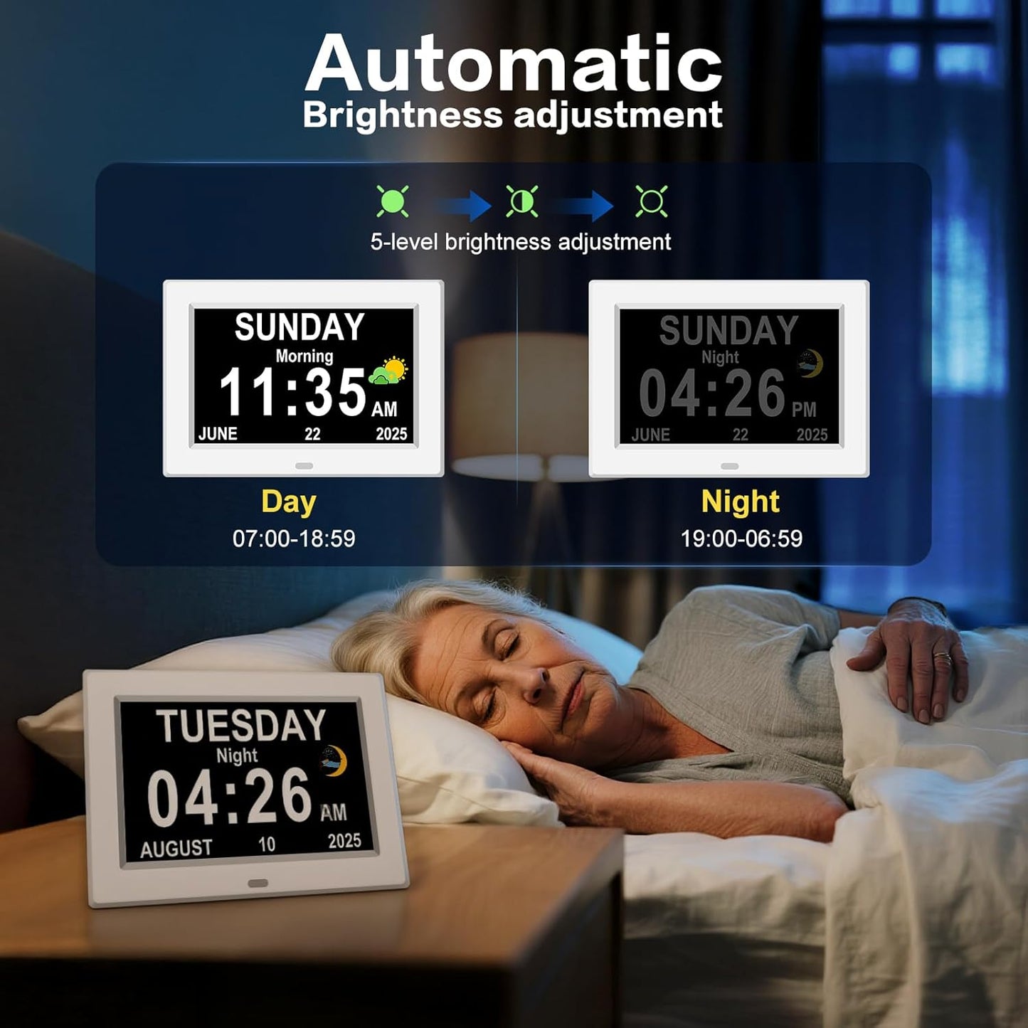 11'' Large Display Digital Clock for Seniors, Digital Calendar Alarm for Elderly Clock with Date Day of Week 12 Alarms 4 Colors Desk Wall Clocks for Memory Loss Alzheimers Dementia Auto DST/Dimmer