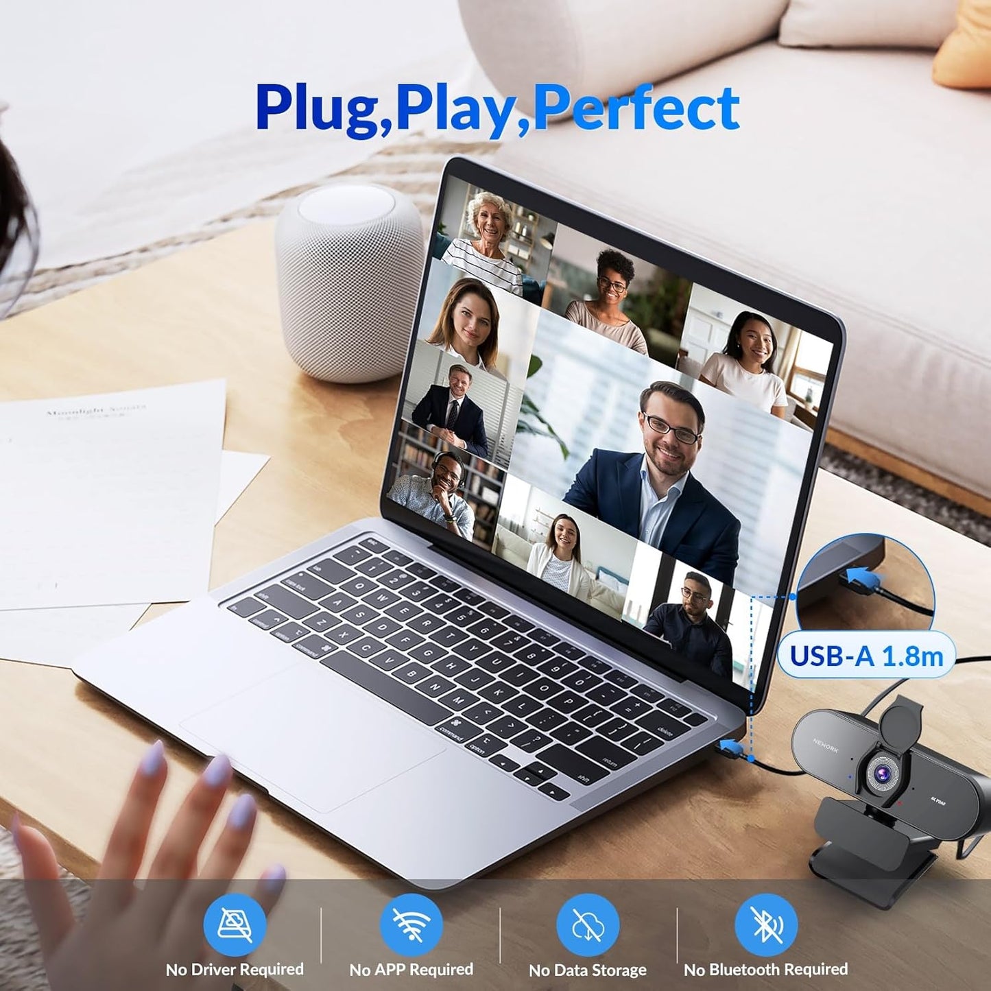 4K Webcam with Sony Sensor, PDAF Autofocus, 1080P@60FPS, 2 Noise Reduction Mics, Auto Light Correction, USB Plug&Play, Privacy Cover, 79°FOV, Streaming Camera for PC, Mac, Laptop, Video Calls