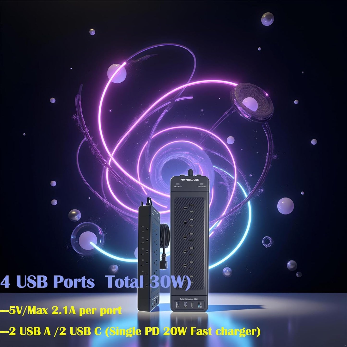 Surge Protector Power Strip Heavy Duty 10 ft Cord High Joules Protection (4800J)/18AC outlets/USBs (2A+2C PD20W)/1875W/15A,Flat Plug,Commercial,Industrial,Office,Home,College,Black,Insurance Coverage