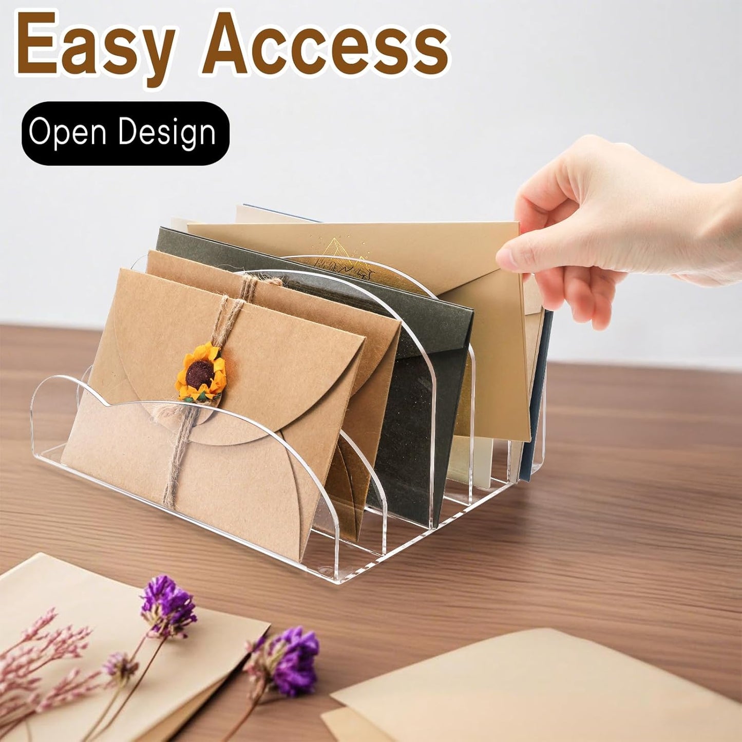 Suwimut Acrylic File Holder 5 Sections, 8.5 x 6.8 x 4.7 Inch Upright File Organizer for Desk, Clear Desktop Folder Holder Mail Letter Sorter for Home Office School Envelope Bill Filling Paper Document