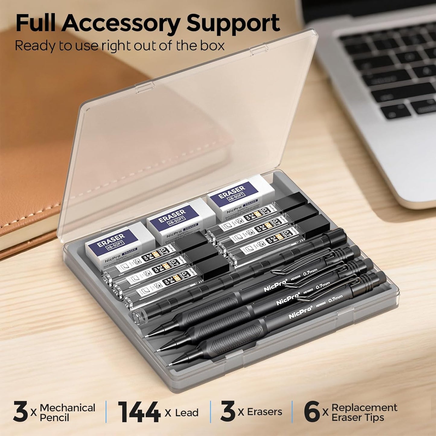 Nicpro 0.7 mm Mechanical Pencil Set with Case, 3PCS HD1000 Art Drafting Pencils Lead Pencil 0.7 With 6 Tube HB Lead Refills, Eraser, Weatherproof Barrel for Outdoor Writing Drafting Drawing Sketching