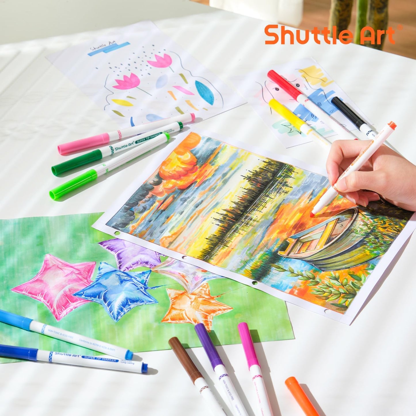 Shuttle Art 240 Pack Washable Super Tips Markers, 12 Assorted Colors Conical Tip Large Markers Bulk with a Box, Bonus Caps, Home Classroom School Supplies for Toddlers Kids Adults Students Teachers