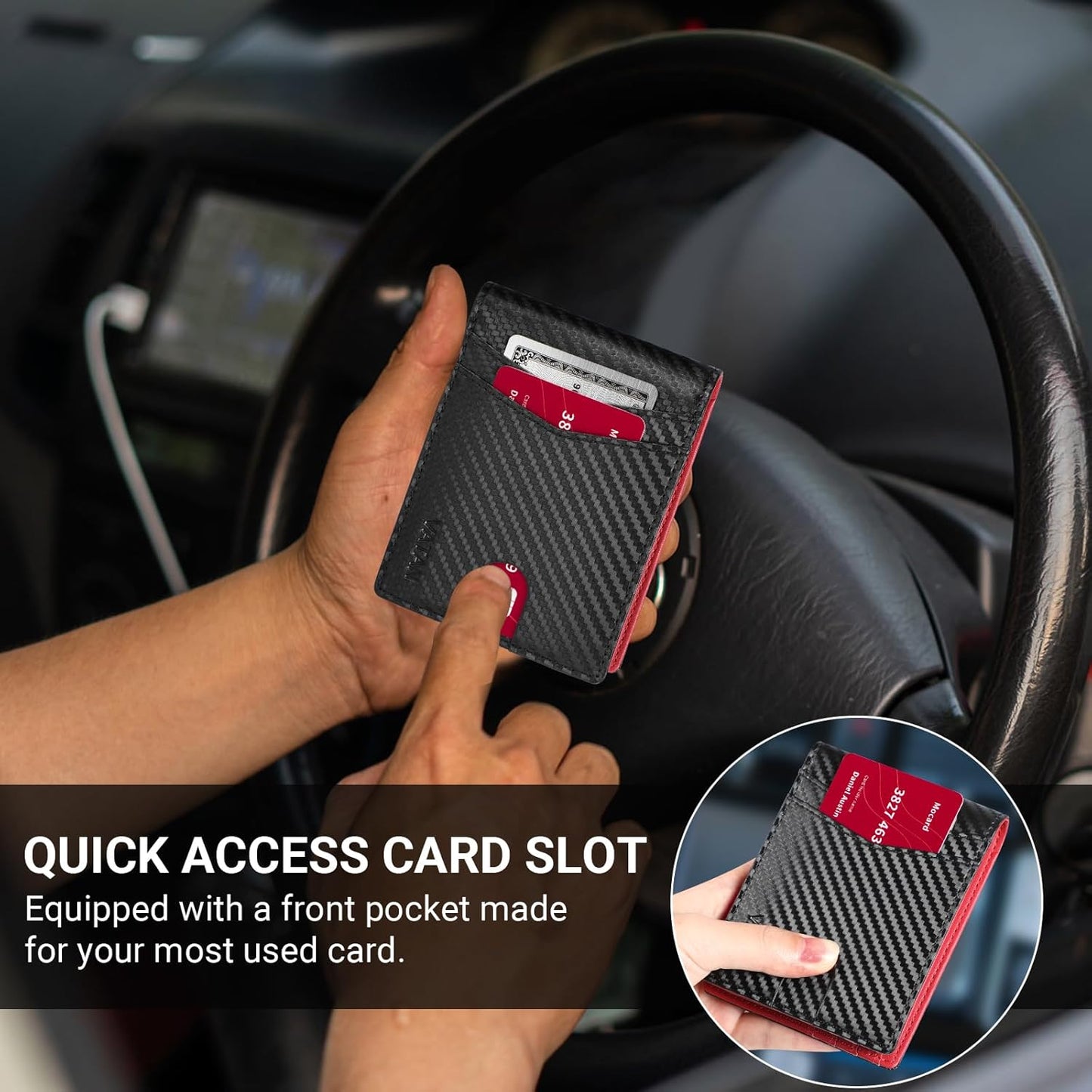 VATAN Wallet for Men, Mens Minimalist Wallet Credit Card Holder, Slim Leather Rfid 2 ID Window Large Capacity With Gift Box (Carbon black and Red)