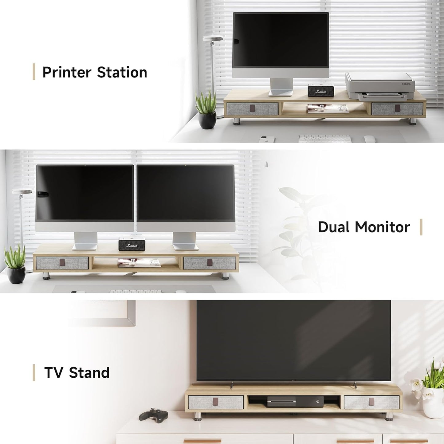 Fenge Monitor Stand, Dual Monitor Stand with 2 Drawers, Monitor Riser for 2 Monitors, Adjustable Height Computer Stand, Office Monitor Stands for Desk, Laptop, PC, TV, Printer