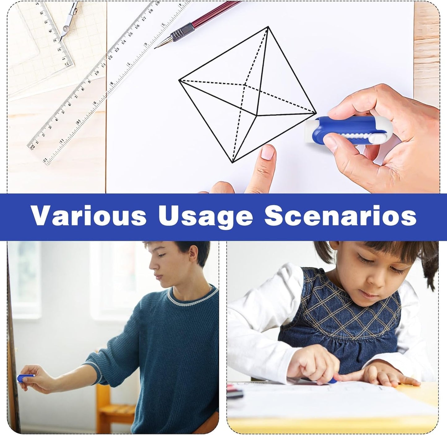 Pencil Erasers, Retractable Erasers for Pencils - Blue White, Pack of 5