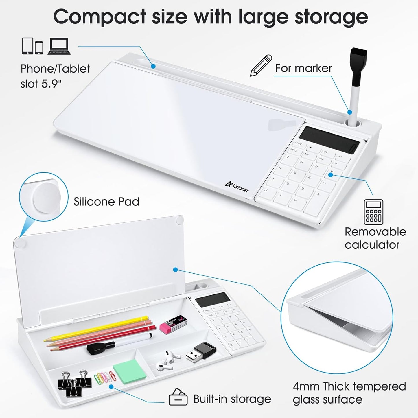 Varhomax Glass Desk Whiteboard with Calculator, Desktop Dry Erase White Board with Storage, to Do List Memo Notepad for Home and Office