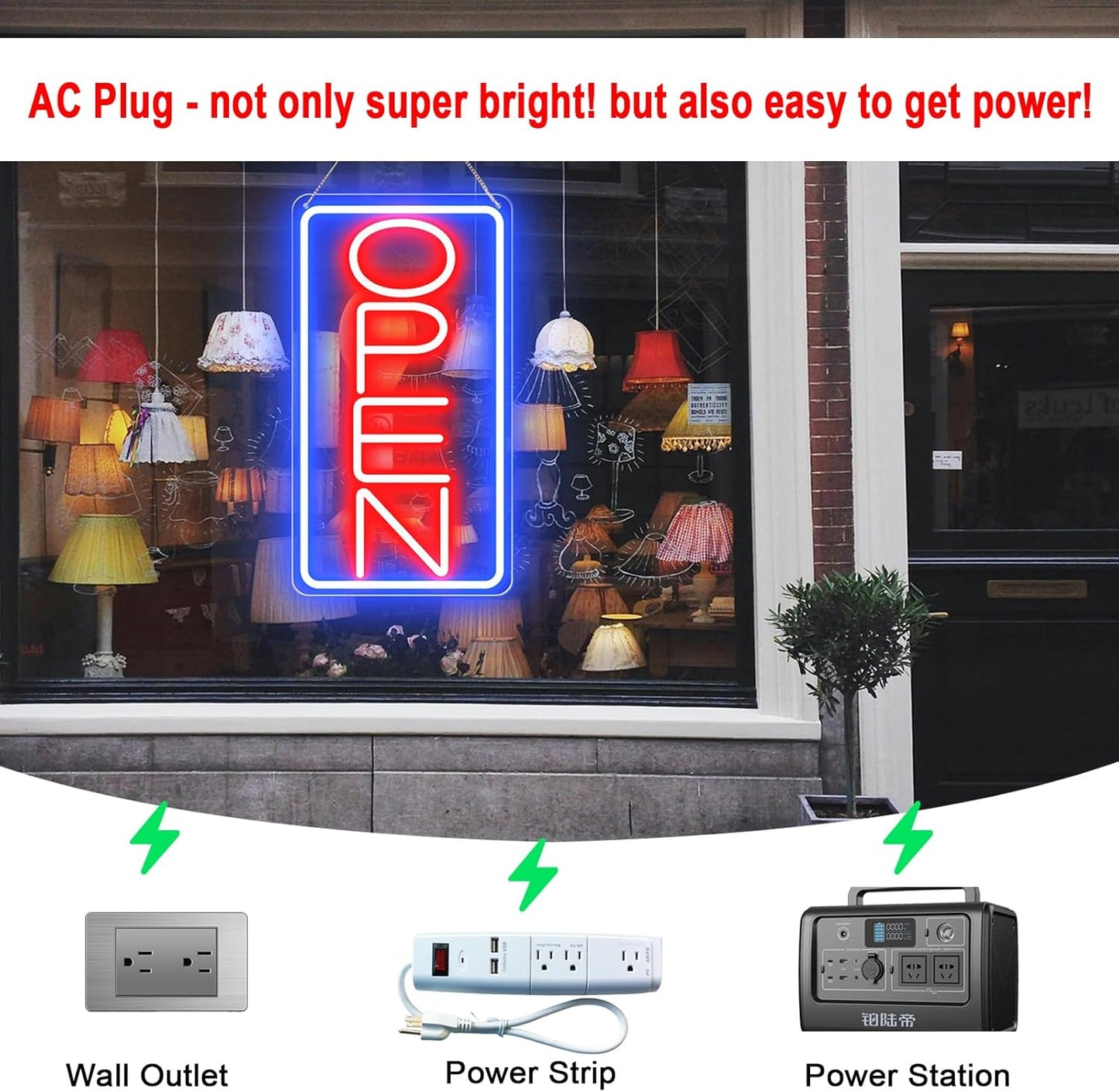 Led Neon Open Signs for Business,16.5"X 9" Ultra Bright Open Signs, Powered by 12V/2A AC Adapter, 6 Levels Adjustable Bright Led Neon Open Sign for Bar Salon Coffee Stores Club Hotel (Vertical)