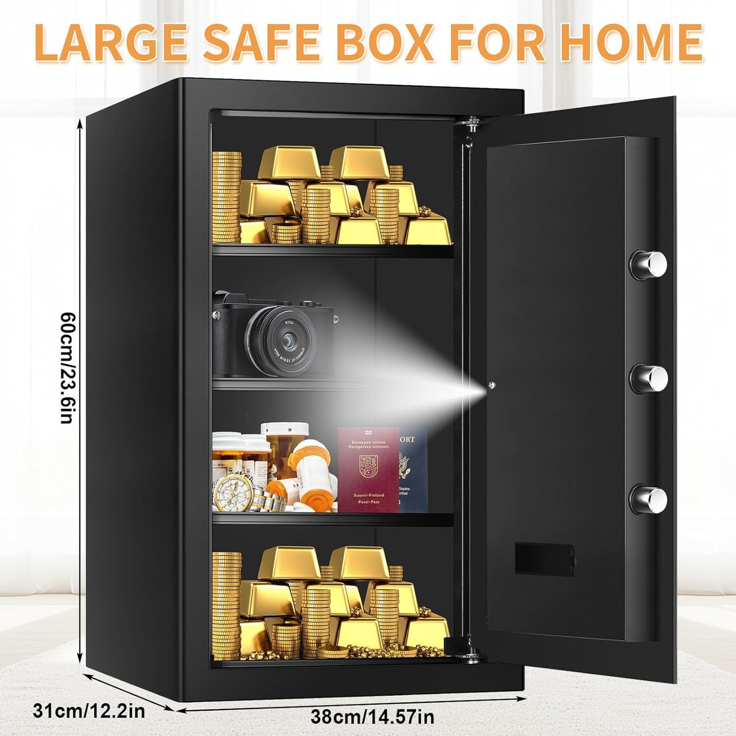 3.3 Cubic Feet Large Safes for Home Use Fire and Water Proof, Anti-Theft Digital Security Safe Box With Programmable Keypad & Spare Keys, Home Safes Water and Fireproof for Documents Money Valuables
