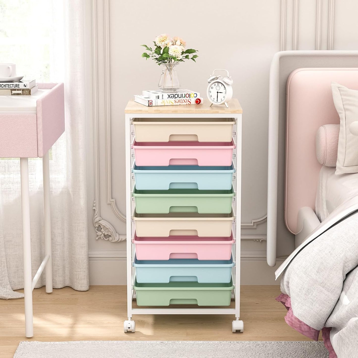Rolling Storage Cart with Drawers,Utility Cart With 8 Drawers and Wooden Tabletop,Rolling Drawer Cart,Storage Drawer Cart for Living Room,Classroom,Bedroom,Bathroom,Dorm,Office,Rainbow