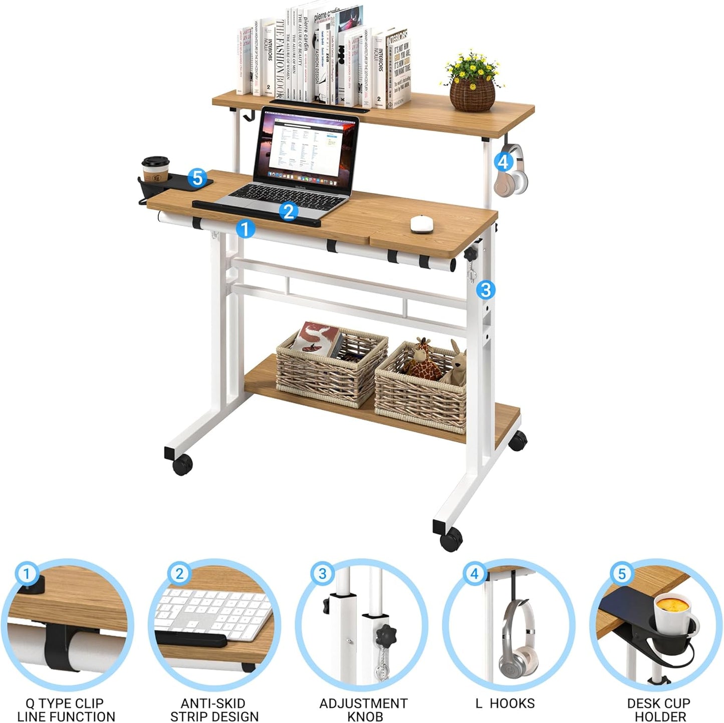 Mobile Standing Desk, Adjustable Rolling Computer Desk with 3 Desktops, Portable Laptop Table with Cup Holder, Home Office Laptop Workstation on Lockable Wheels,Khaki
