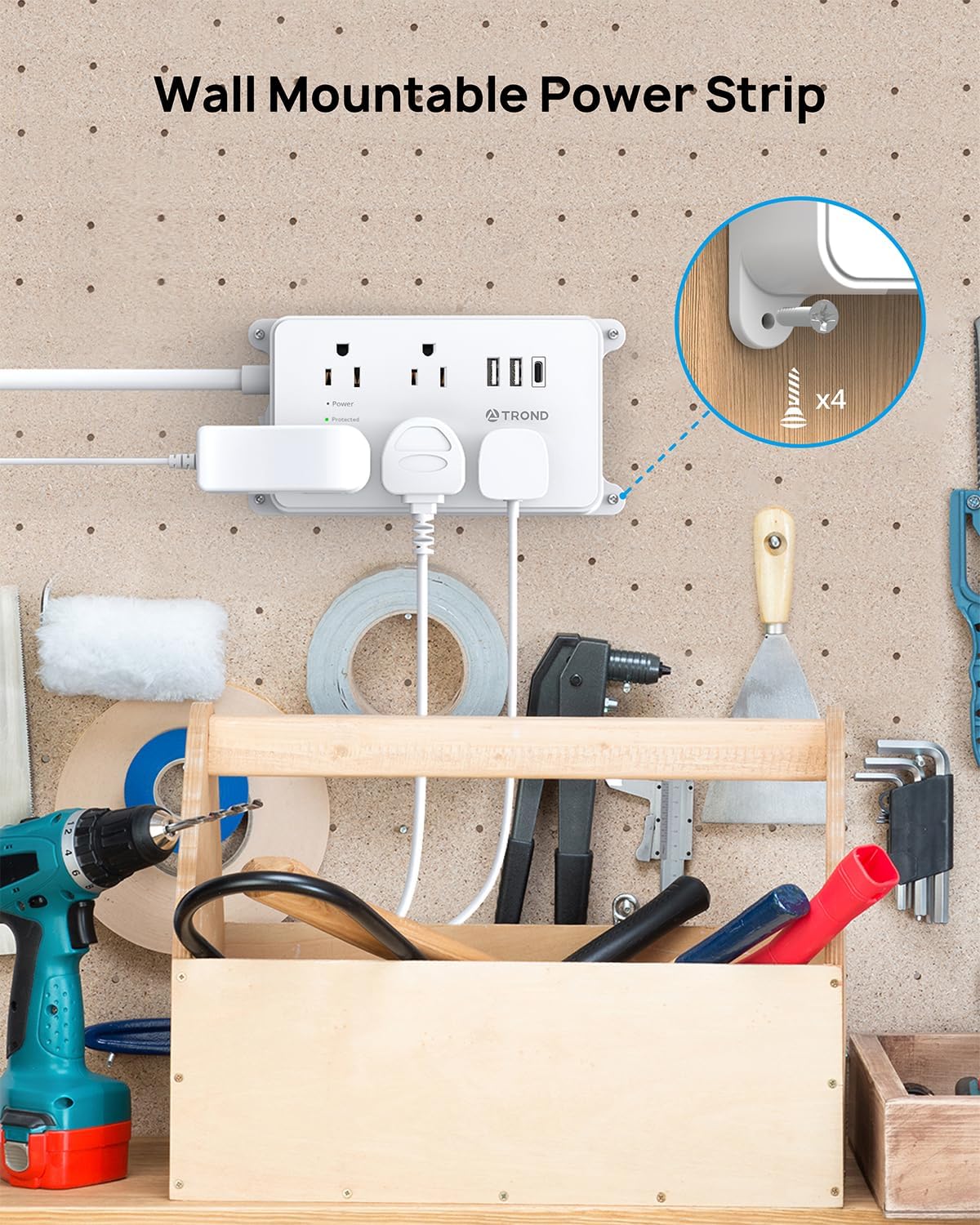 TROND Power Strip with USB, Surge Protector Flat Plug with 5 Widely-Spaced Outlets and 3 USB Ports, ETL Listed, 1300J, Wall Mountable, 5ft Extension Cord, for Office Kitchen, White