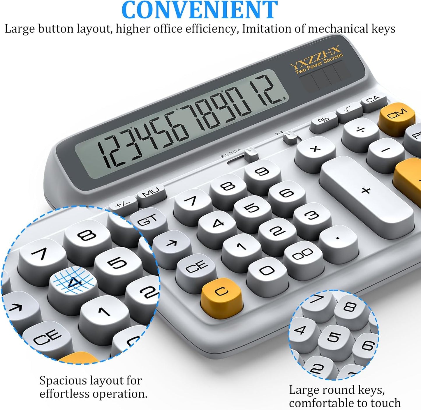Desktop Calculator with Extra Large 5-Inch LCD Display, 12-Digit Two Way Power Solar & Battery Office Calculator with Big Buttons for Business, Accounting & Home Use(Grey)
