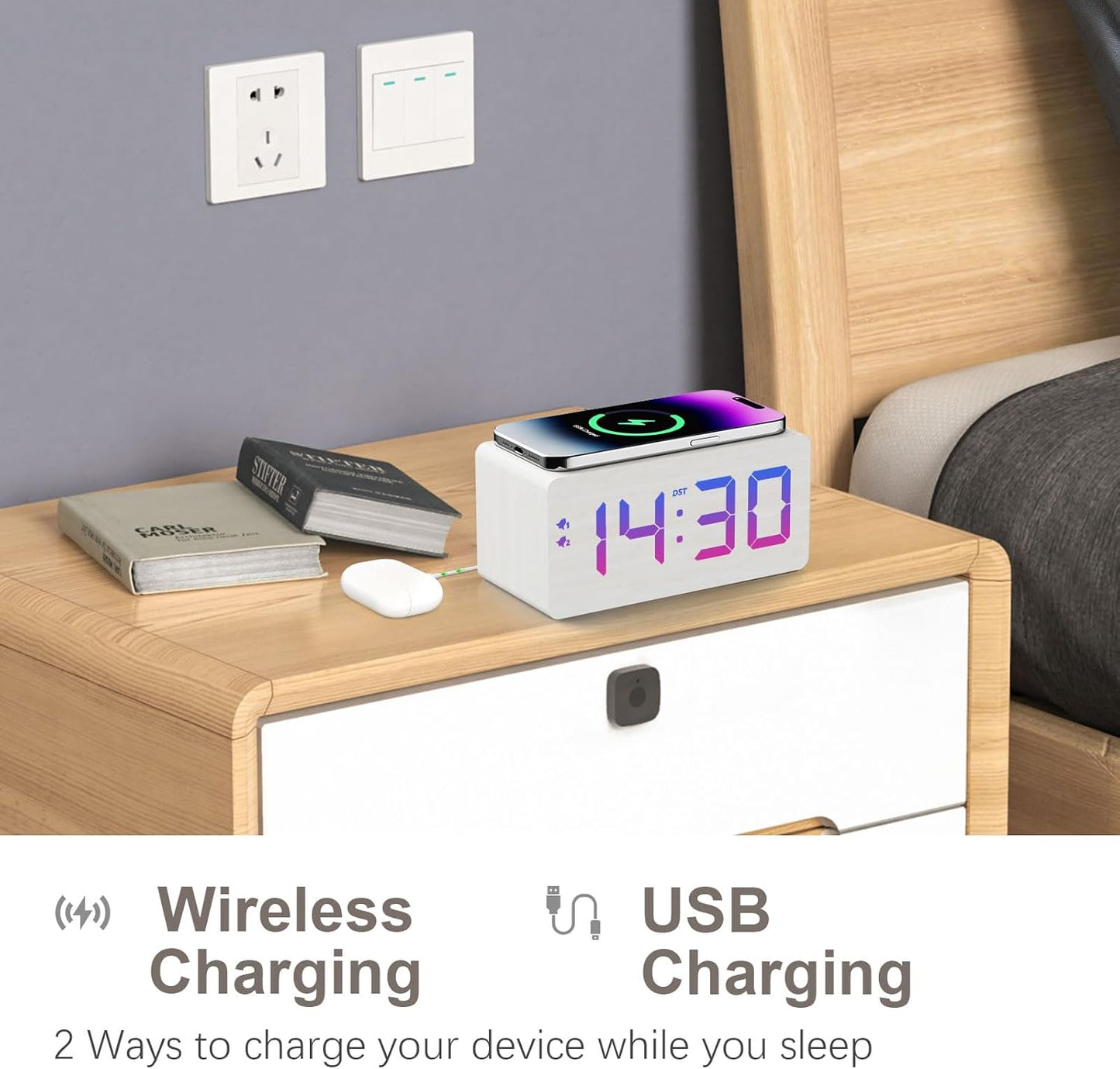 Wooden Digital Alarm Clock with Fast Wireless Charger, Dual USB Charging Ports, DST, Dimmable, Snooze, RGB Large Number Display LED Clock for Bedrooms, Living Room, Desk, Table, Bedside(White)