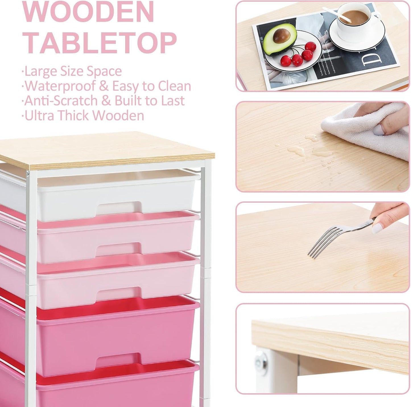 Utility Cart with 5 Drawers,Storage Drawer Cart with Wooden Tabletop and Lockable Wheels,Craft Storage Trolley Cart,5-Tier Rolling Utility Cart on Wheels,Rose Pink