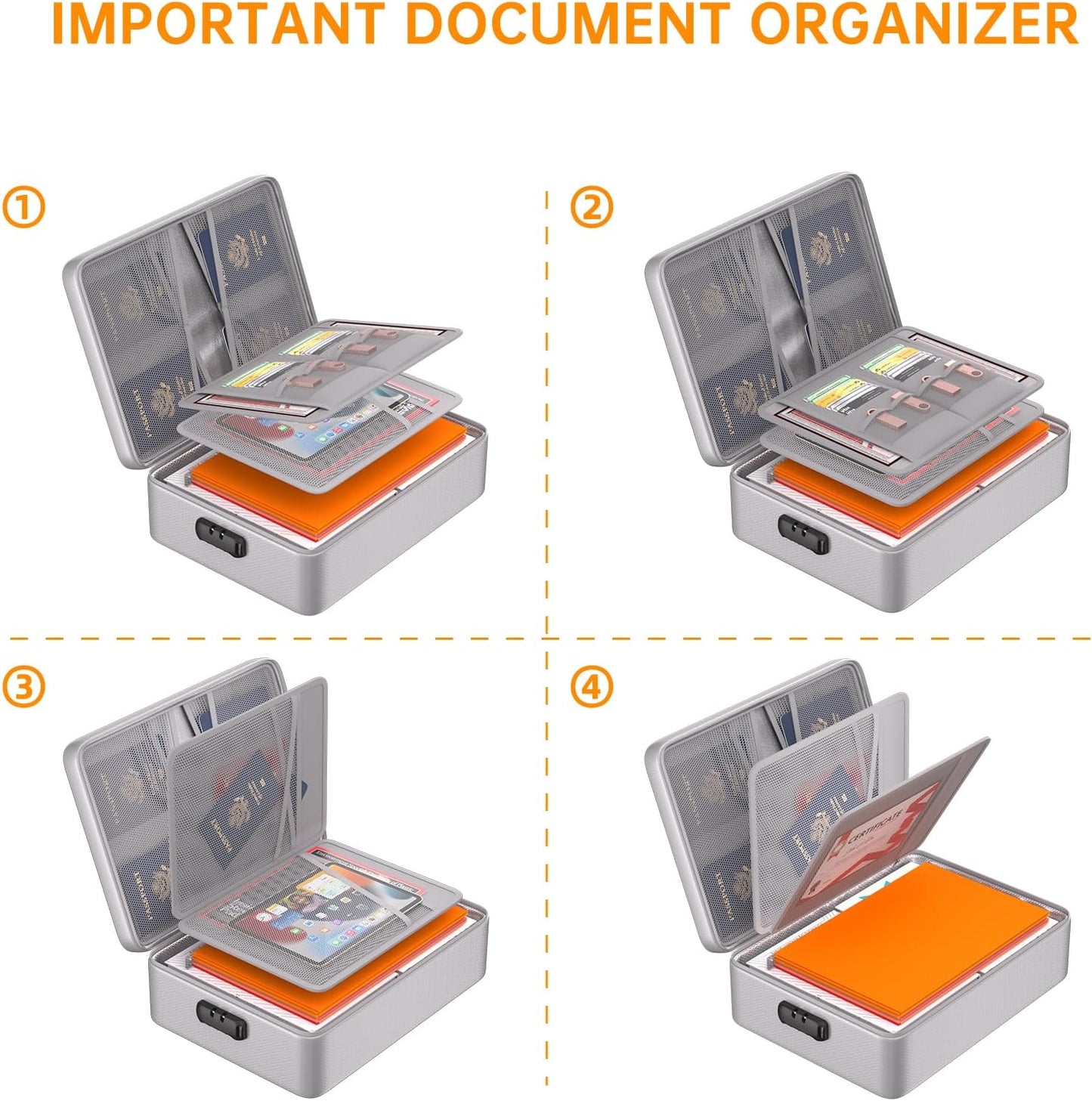 DocSafe 5200°F Document Organizer with Lock,Upgraded Heat Insulated Fireproof&Waterproof Box 8 Layers File Organizer,Portable Home Travel Safe Storage for Important Documents, Files,Silver (Soft)