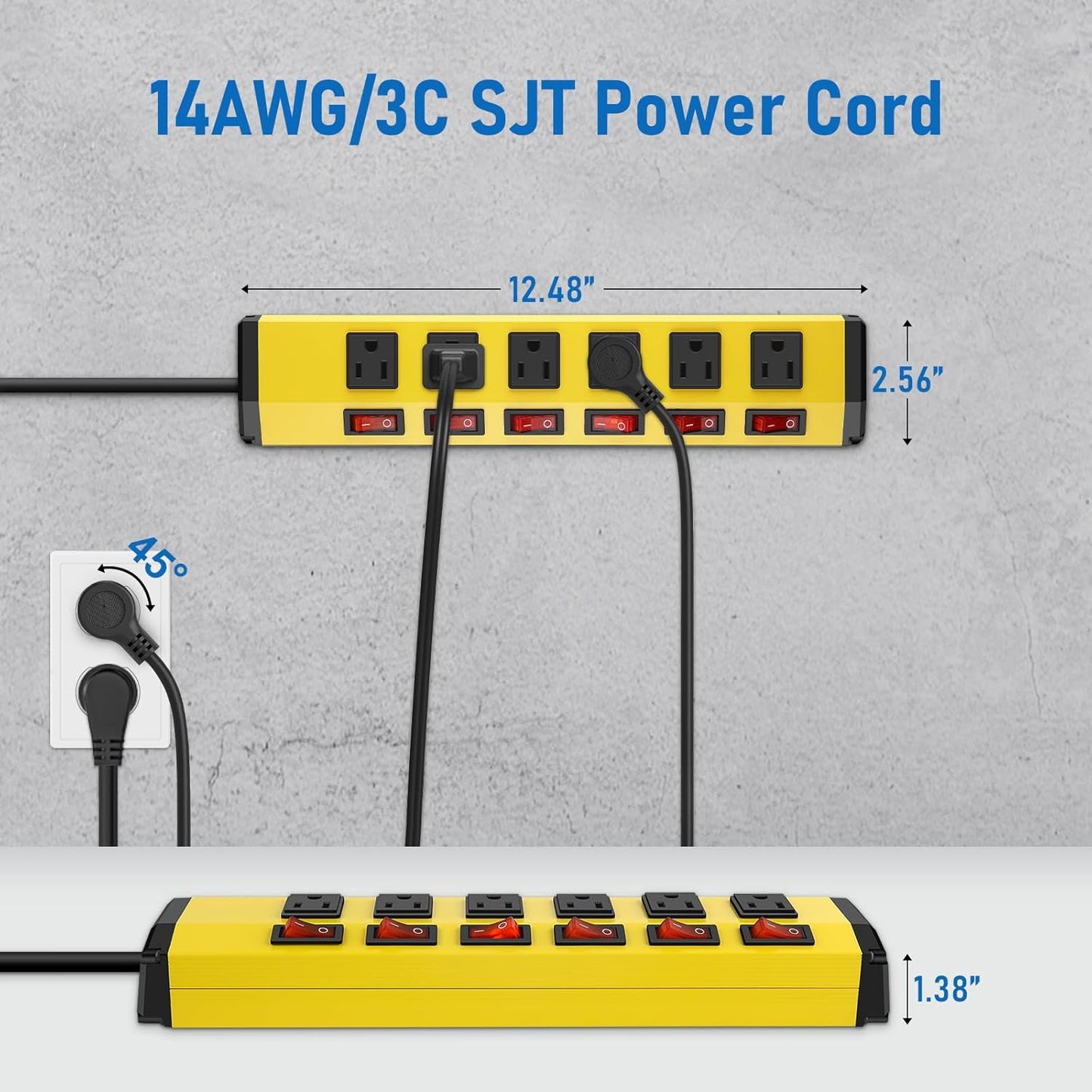 ANNQUAN 6 Outlet Metal Power Strip with 6 Individual Switches,Heavy Duty Power Strip 1200J 15A 10FT Cord Home Office Industrial Commercial Shop
