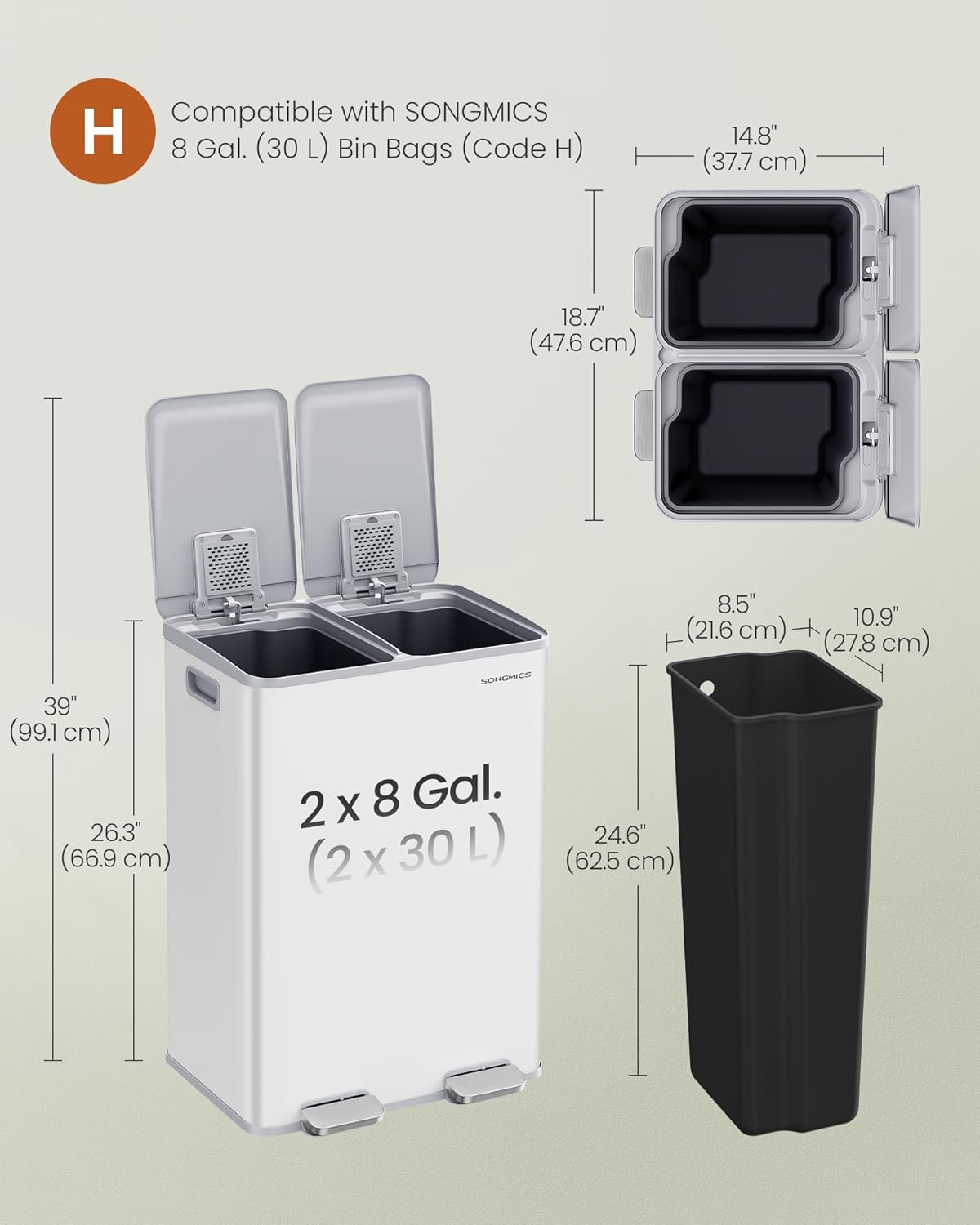 SONGMICS Trash Can, 2 x 8 Gallon (2 x 30 L) Dual-Compartment Garbage Can with Soft-Close Lid, Pedal and Inner Buckets, Stainless Steel, Includes 15 Liner Bags, Matte White ULTB741W01