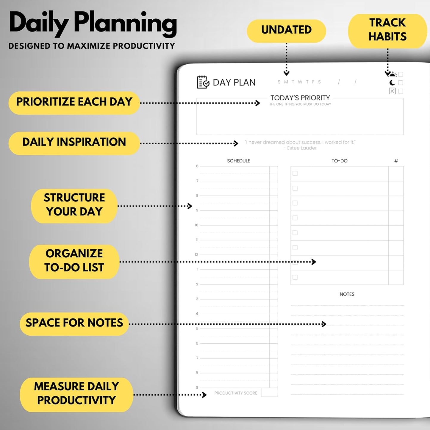 Undated Daily Planner – 6-Month A5 Productivity Organizer with Full Page Per Day, Hourly Schedule, Goal Setting, Habit Tracker, Weekly & Monthly Pages – Hardcover Time Management Notebook (Black)