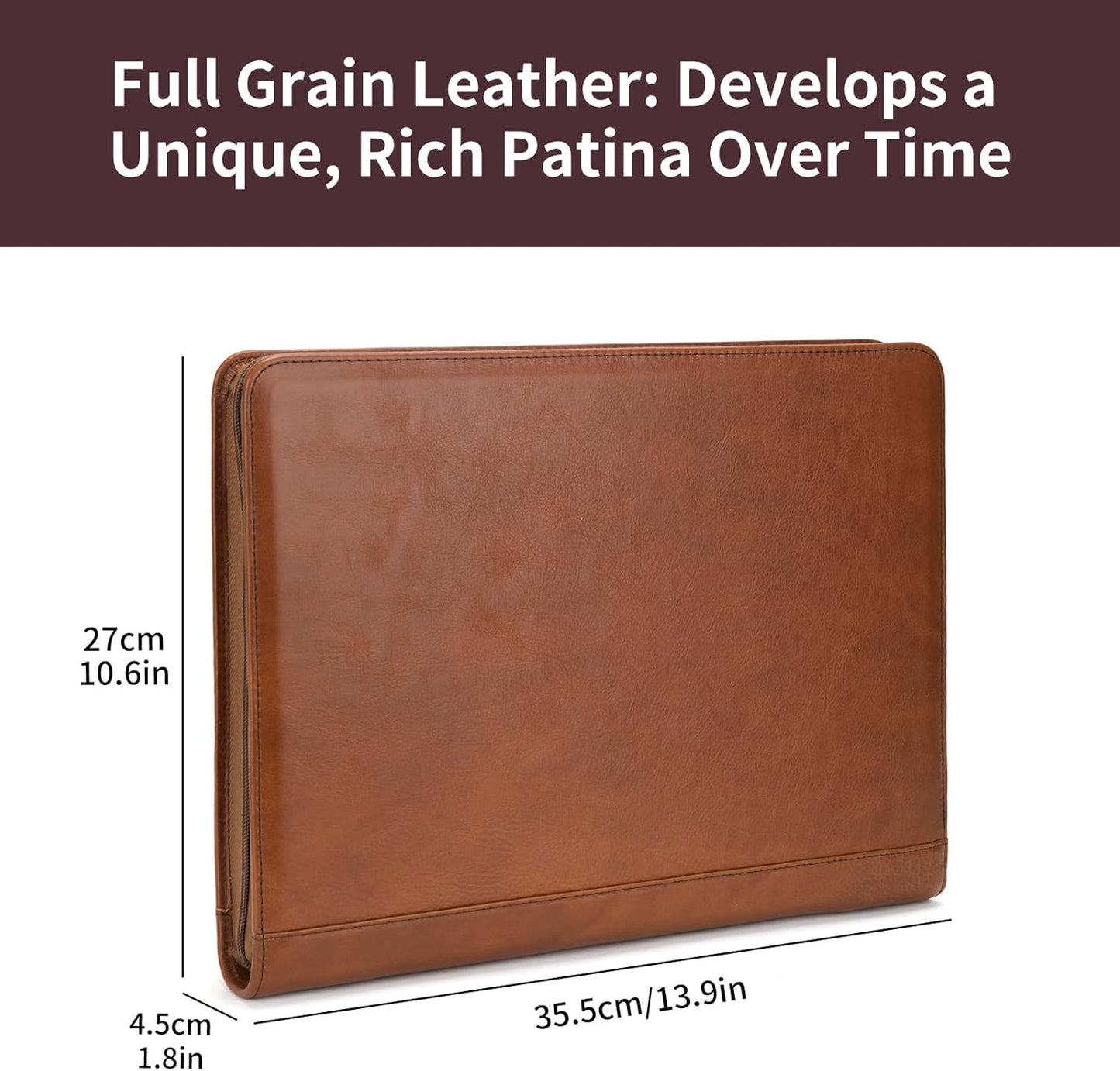 Personalized Genuine Leather Portfolio for Women and Men, Custom Engraved 8.5 x 11 Legal Padfolio, Zippered Notebook Laptop Organizer, Business Executive Folio for Work, Brown, Oil Tanned