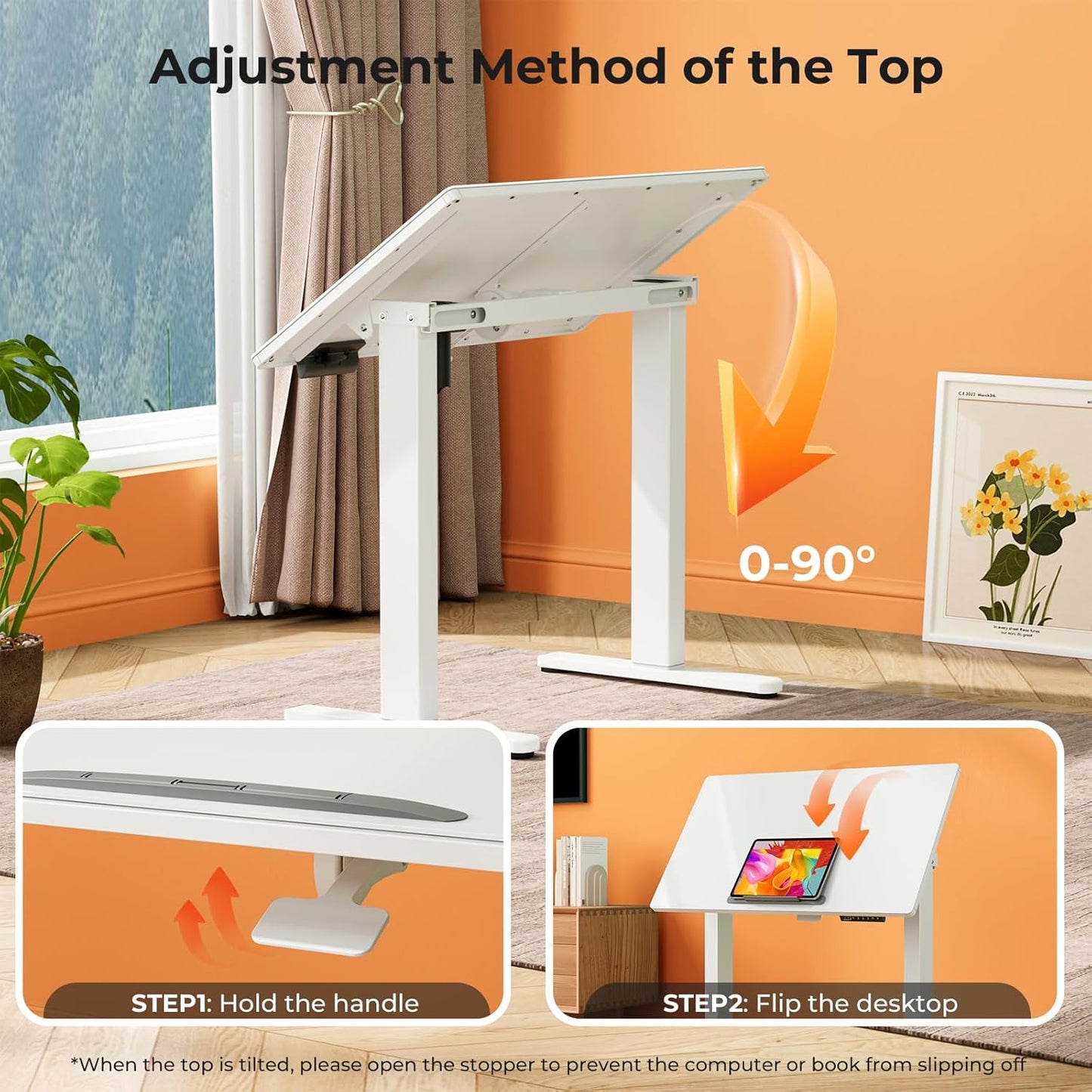 35inch Glass Standing Desk,90° Tiltable Mobile Rising Desk Height Adjustable,Whole Piece Rolling Sit Stand Table with Wheels,Foldable Small Laptop Desk,White