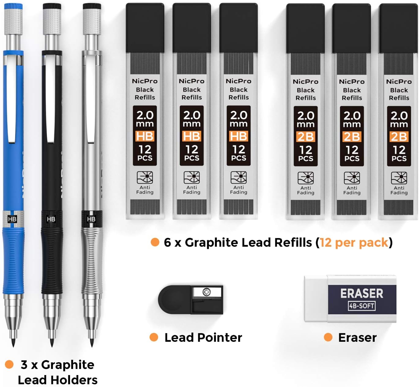 Nicpro 11 Pieces 2mm Mechanical Pencil Set, 3 PCS Carpenter Drafting Pencil 2.0 mm for Art Drawing Writing Sketching Construction with 6 Tube Pre-Sharpen HB & 2B Refill, Eraser, Sharpener